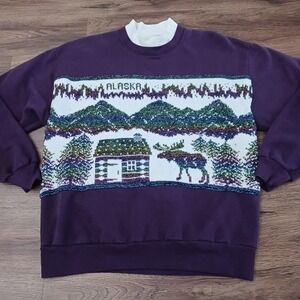 Vintage Women's Large Alaska Sweater Sweatshirt Knit Moose Cabin Cottagecore